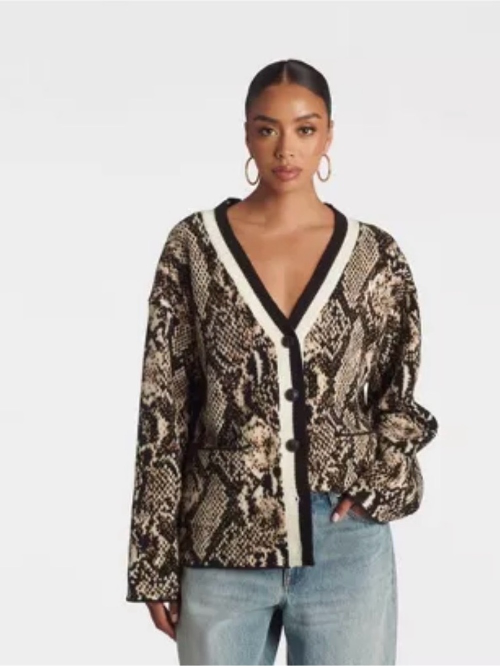 KBB by KAHLANA Snake-Print V-Neck Button Cardigan Sweater - Beige/Black